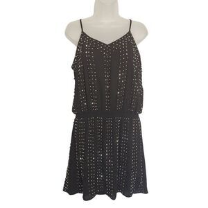 Black Mini Beaded Spaghetti Strap Dress Y2K Cinch Waist Slouchy Medium